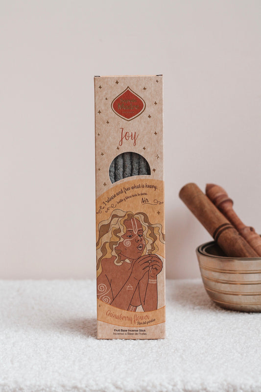 Een verpakking van wierookstokjes gemaakt van bruin karton met een venster waardoor de wierookstokjes zichtbaar zijn. Bovenaan de verpakking staat een rood embleem met daaronder het woord "Joy."